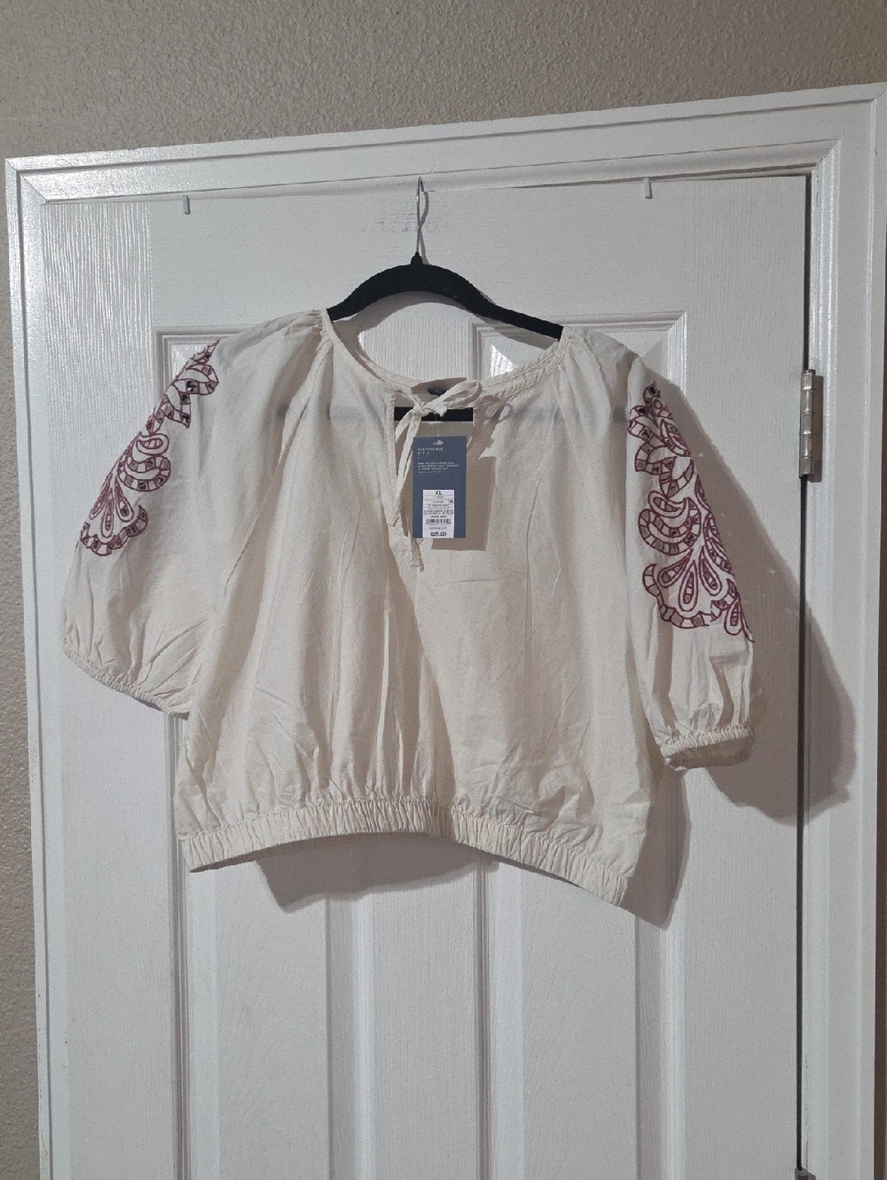 Universal Thread Cream Peasant Blouse with Red Sleeve Embroidery